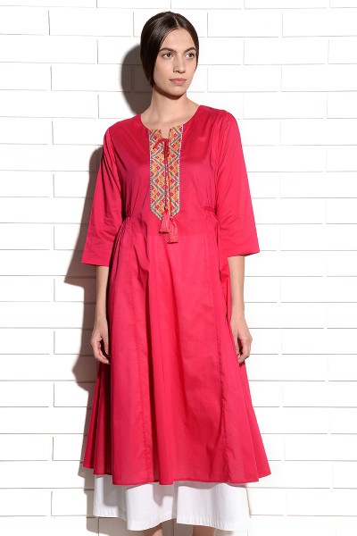 Strawberry Crush Tunic Kurta with embroidery at neck and tassles